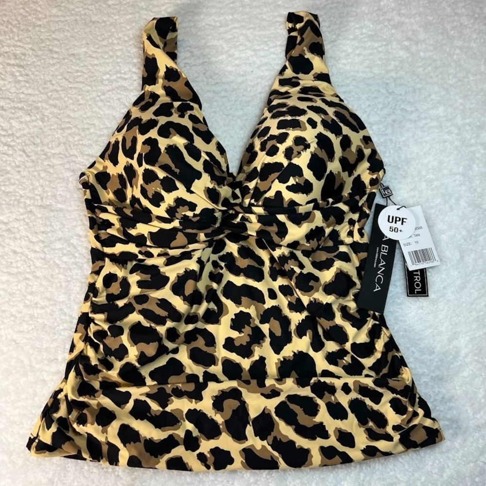 La Blanca Leopard Tankini Top‎ Womens 10 Tummy Control UPF 50 Swim Top NWT